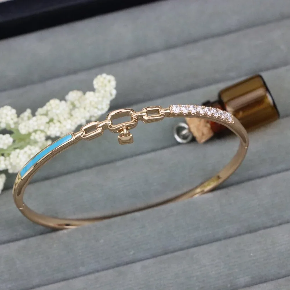 Chic Rose Gold Bangle with Lock Charm and Blue Enamel Accent, XPBL0432